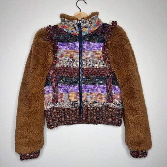Sea New York Felicity Crochet & Sherpa Sleeve Jacket Brown Multi XXS - Picture 3 of 9